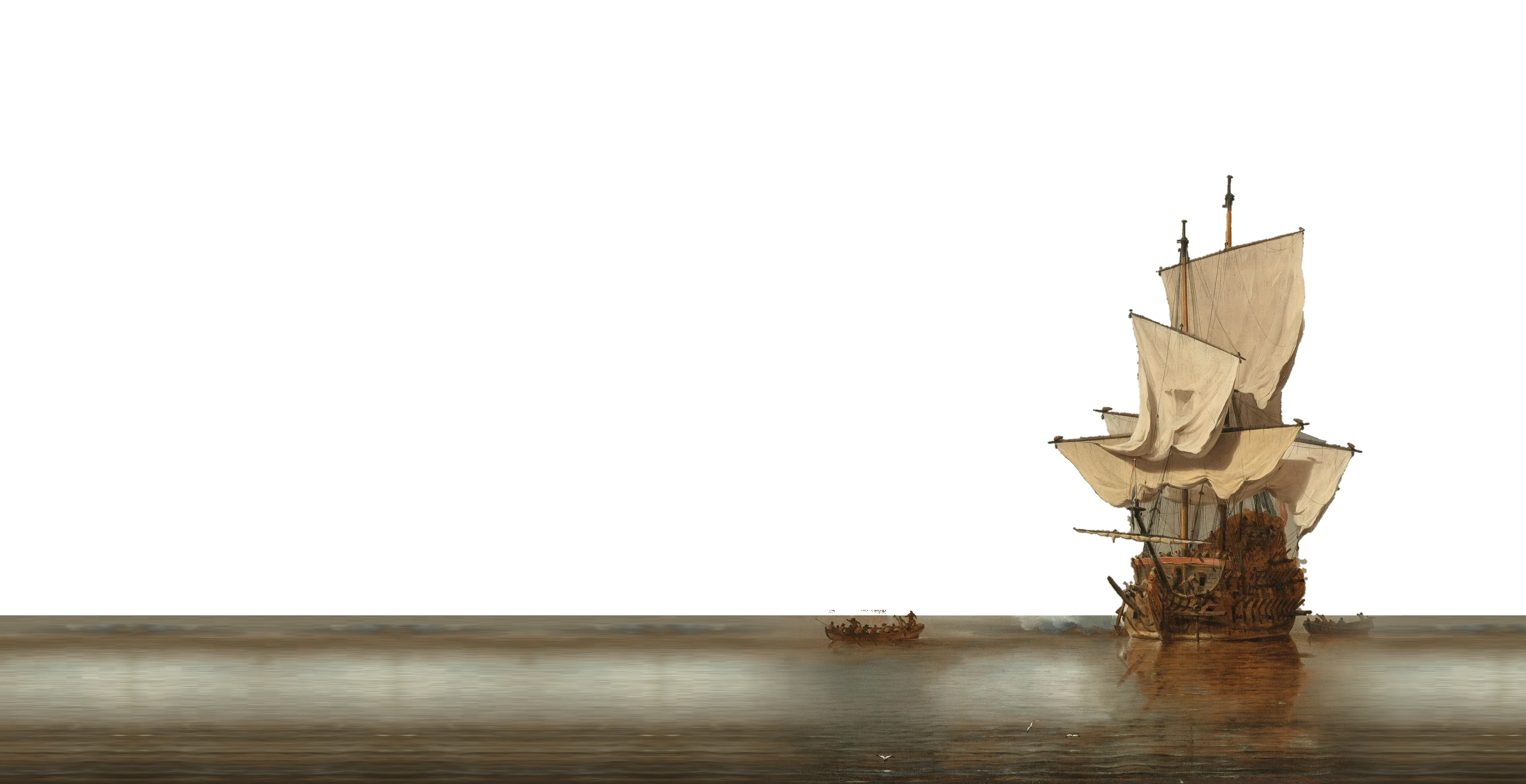 A Dutch warship at anchor on a calm sea, its sails hanging loose