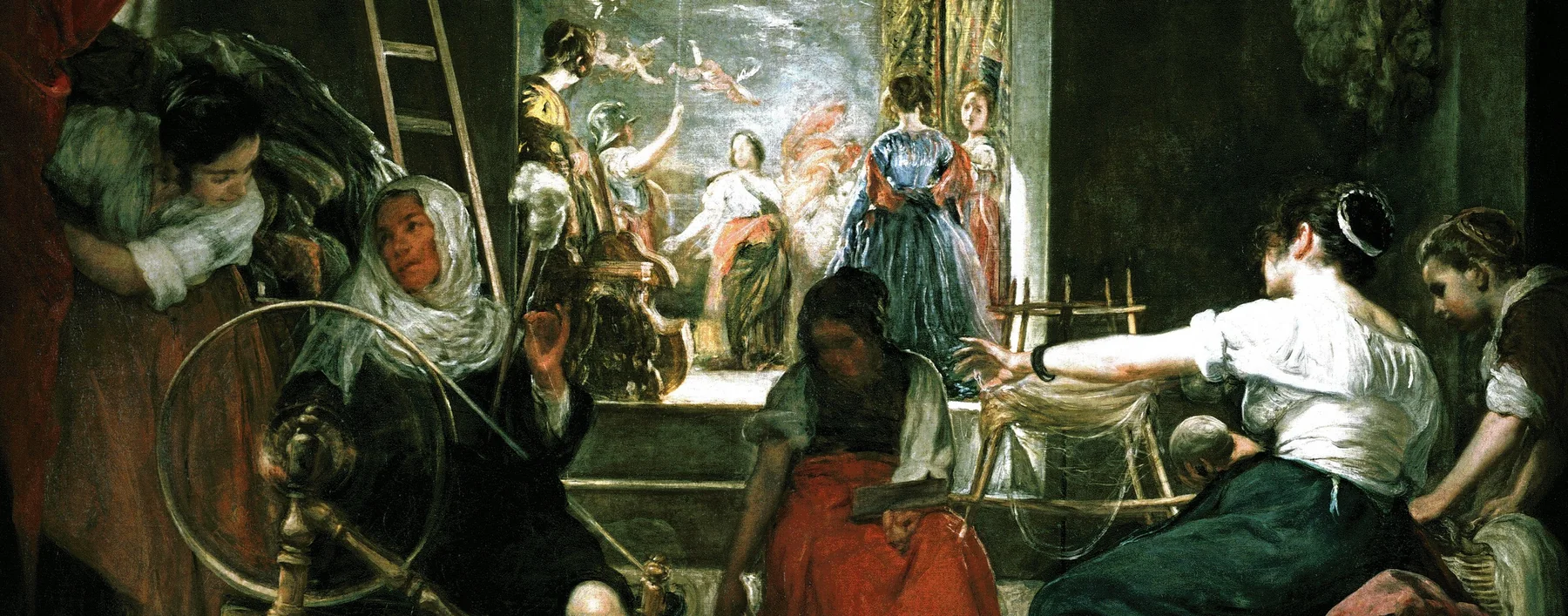 Women spinning and winding wool in a tapestry workshop