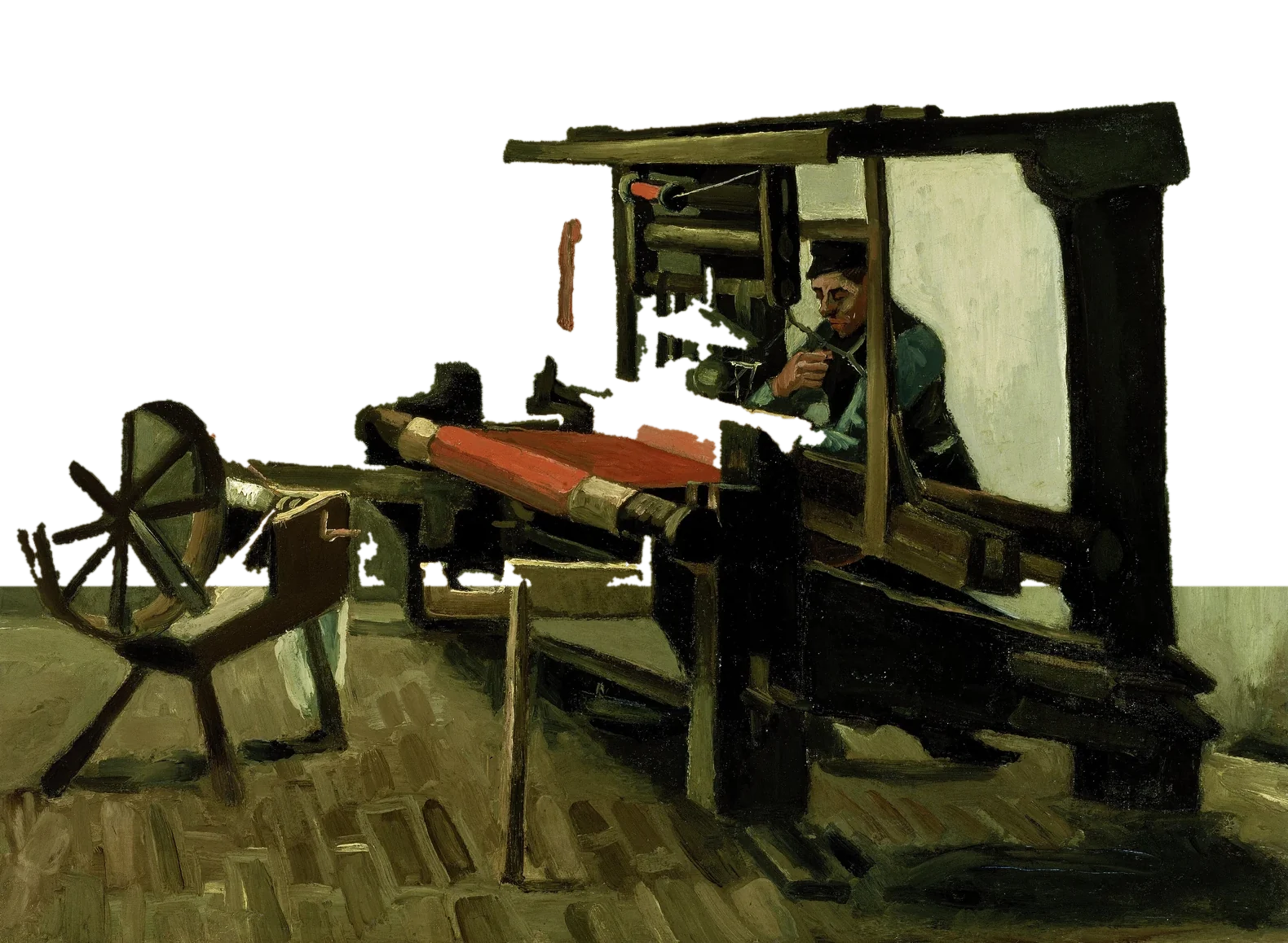 A weaver working at a wooden loom beside a spinning wheel
